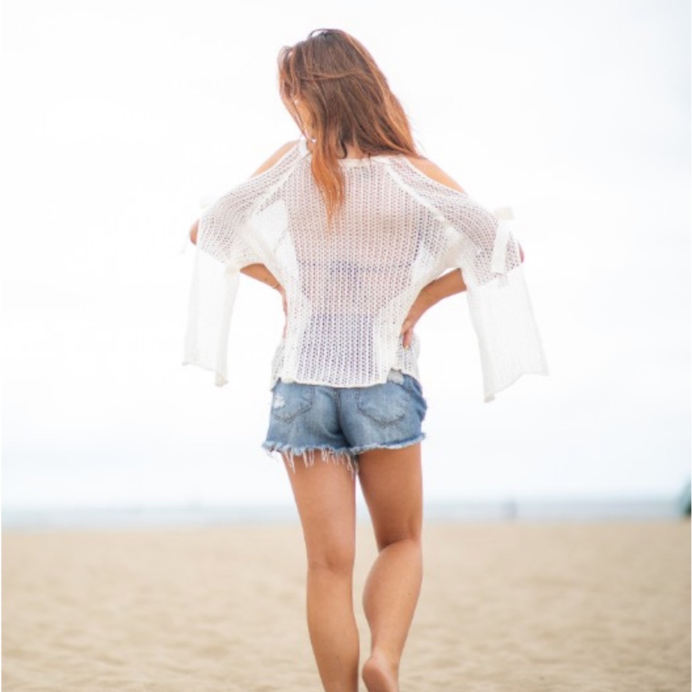 Crochet Knit Cold Shoulder Top Swimsuit Coverup Hollow Out Knit Loose Shirt - Picture 4 of 7